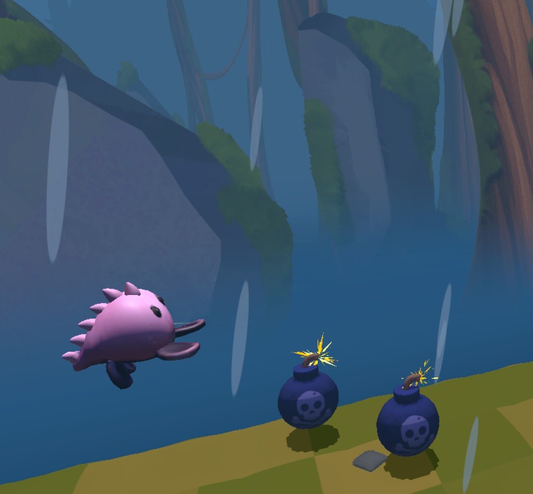 Character gliding past bomb hazards in a misty jungle