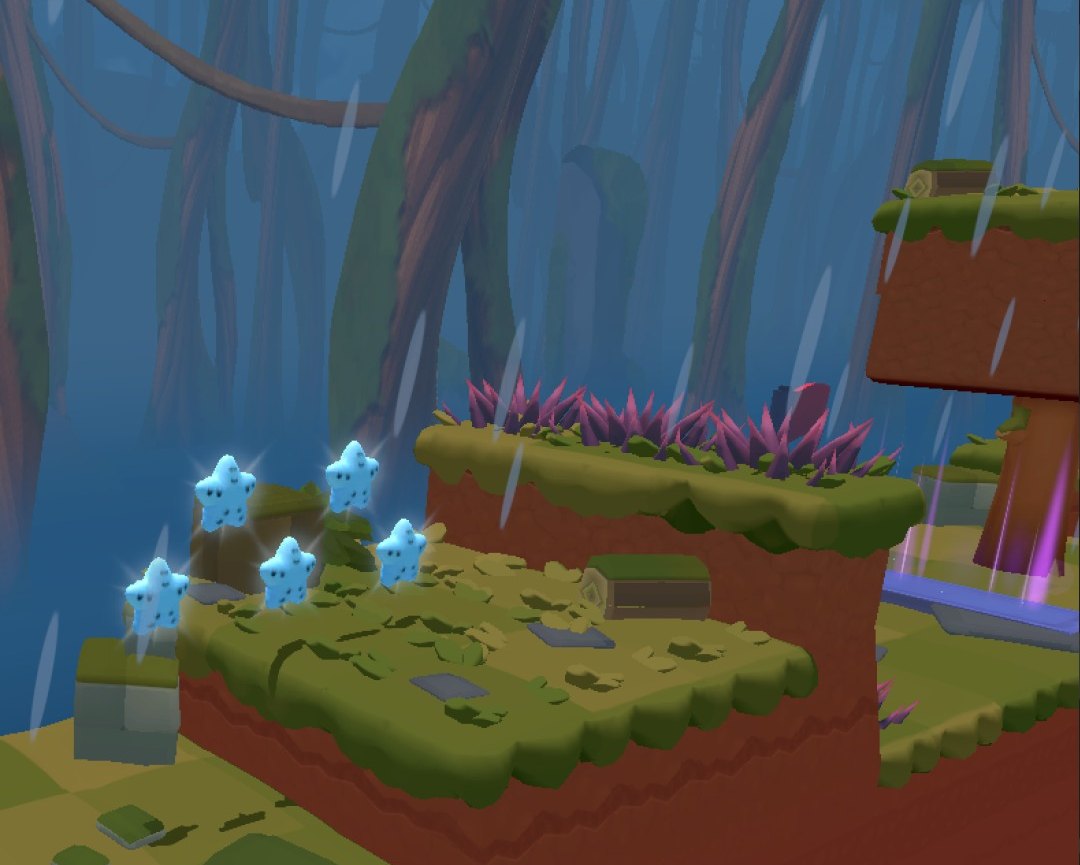 Rainy jungle level with mossy platforms, thorns and star pickups