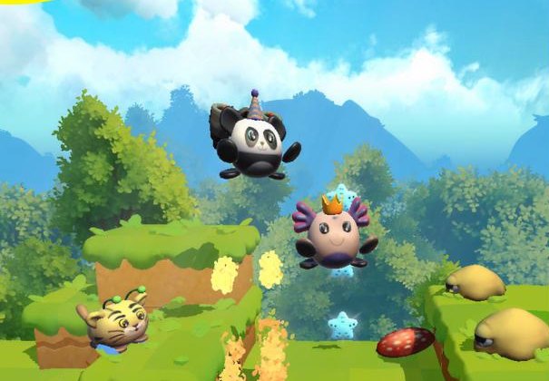 Pop&Play gameplay: animal characters jumping across grassy platforms
