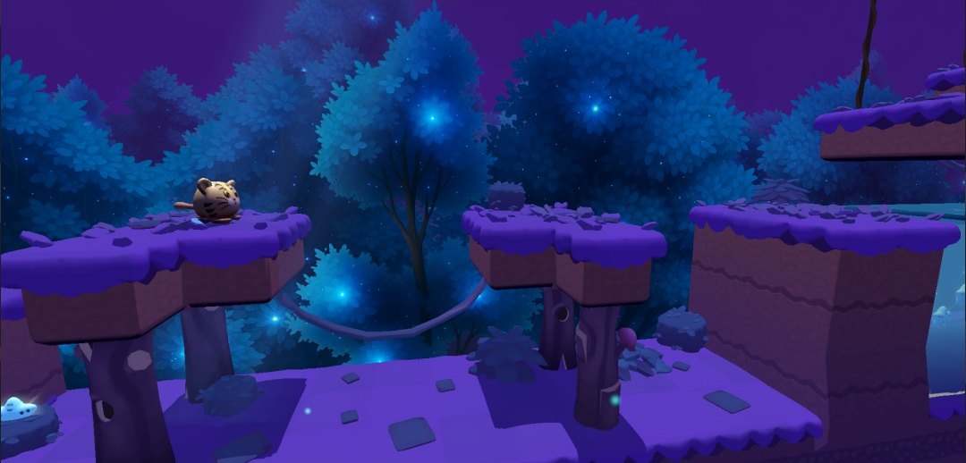 Tiger character crossing wooden platforms in the night forest