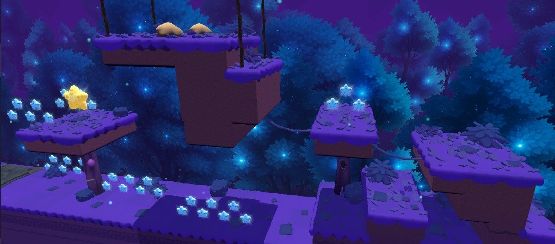 Pop&Play night-forest level with floating purple platforms and star pickups
