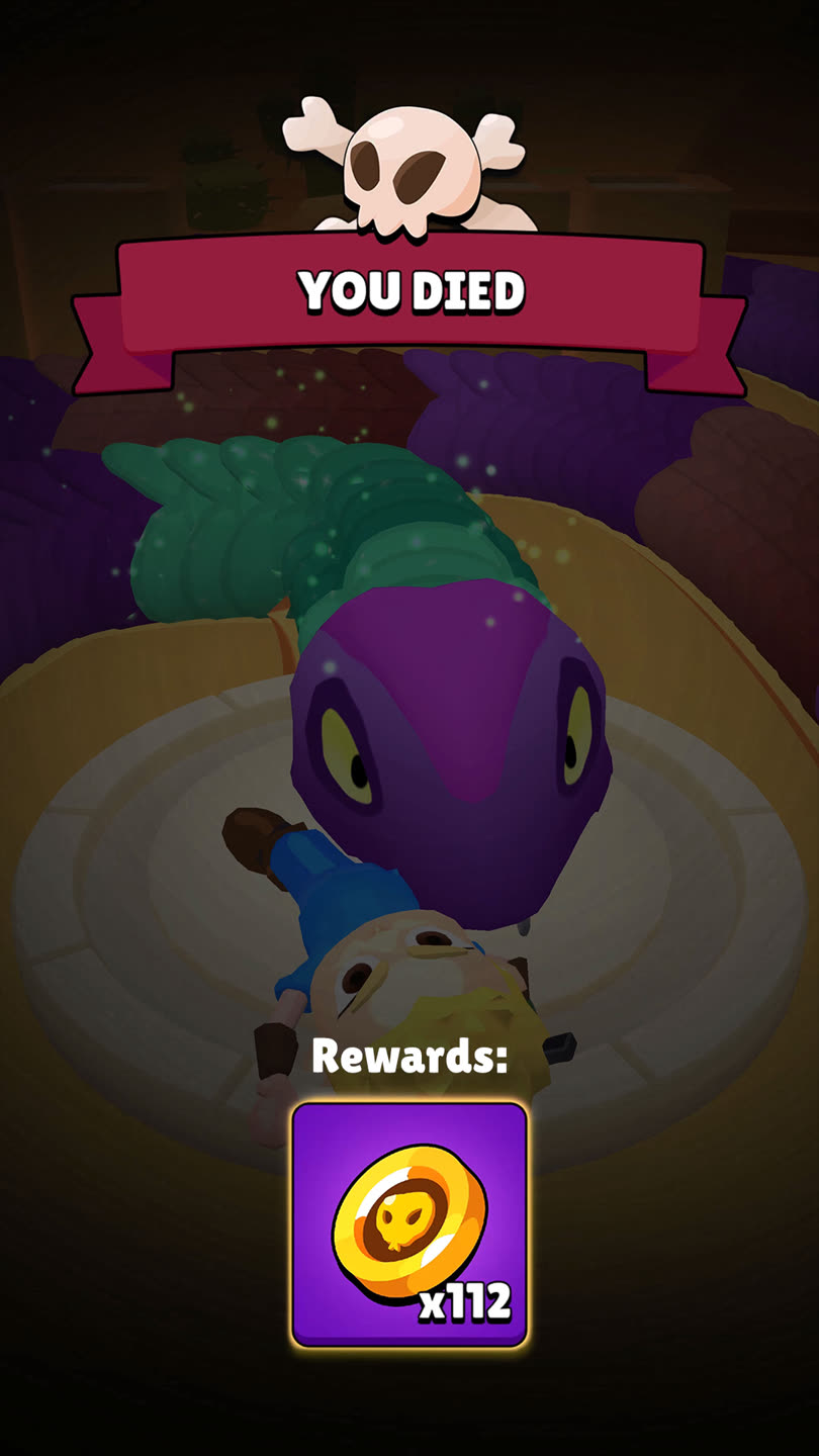 Defeat screen with the purple snake looming over the player at night