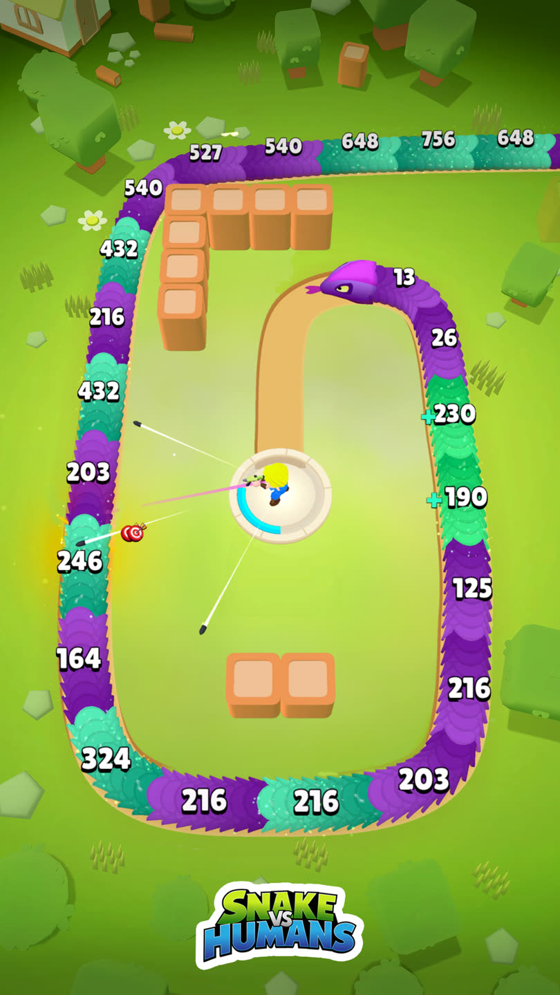 Top-down meadow level in Snake vs Human with the snake coiled around the arena