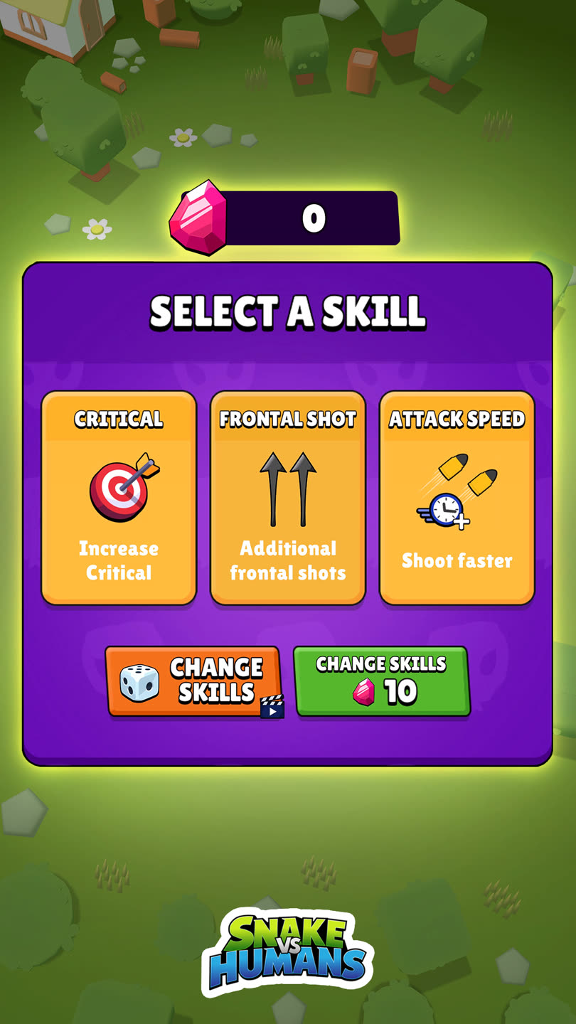 Snake vs Human skill selection panel with critical, frontal shot and attack speed cards